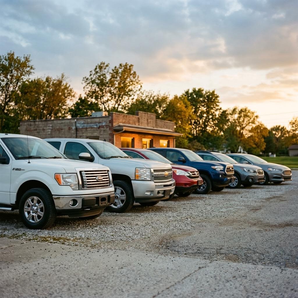 Used cars and pickup trucks lined up on a dealership lot at golden hour