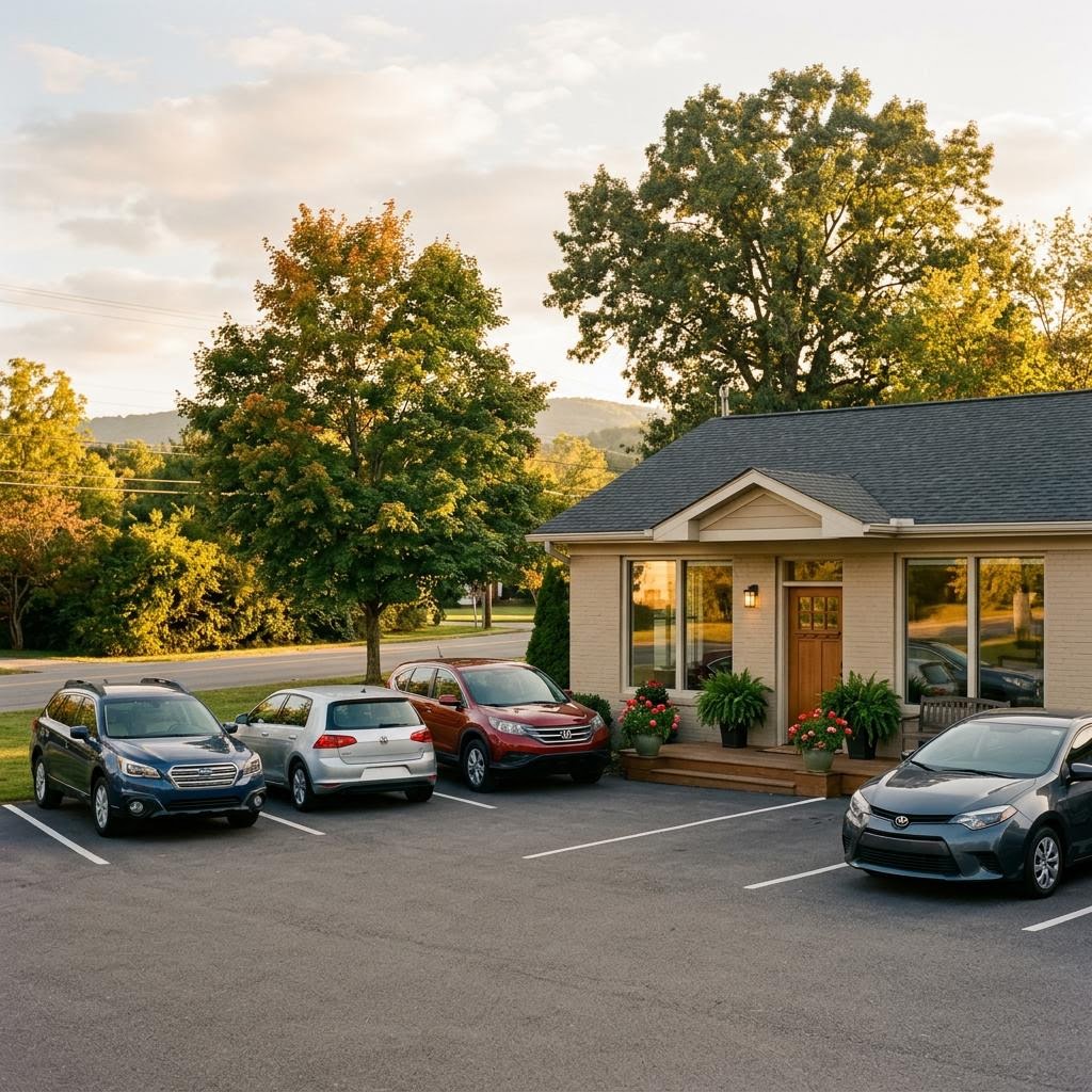 A small dealership office with cars parked out front in late-afternoon light